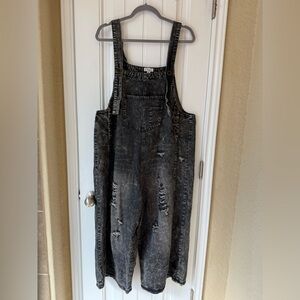 Easel Washed Black Denim Loose Fit Overalls